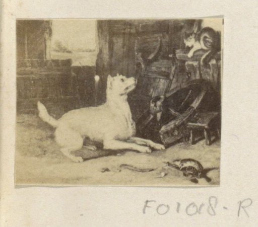 Photographic reproduction of (presumably) a painting of a cat and a dog