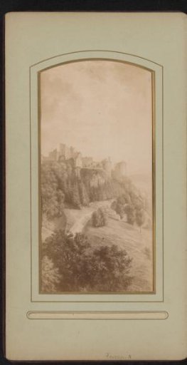 Photographic reproduction of a print of the ruins of a castle on a mountain