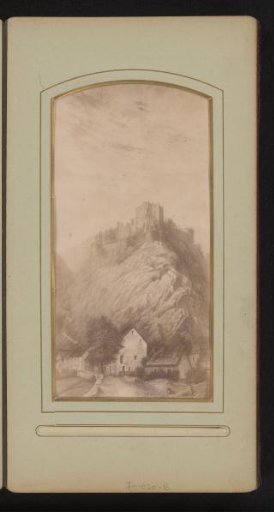 Photographic reproduction of a print of the ruins of a castle on a mountain