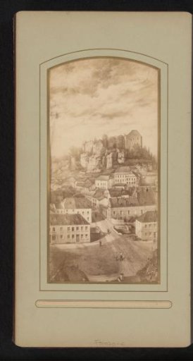 Photographic reproduction of a print of the ruins of a castle on a hill with a village or town in front