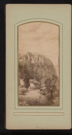 Photographic reproduction of a print of a dwelling among the trees