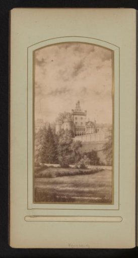 Photographic reproduction of a print of a castle