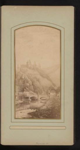 Photographic reproduction of a print of a castle on a mountain