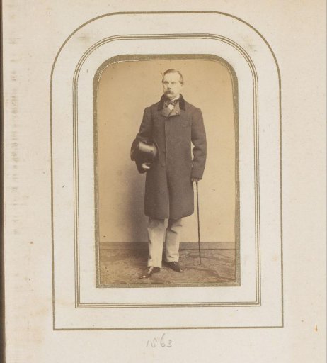 Portrait of a man with a walking stick and a top hat