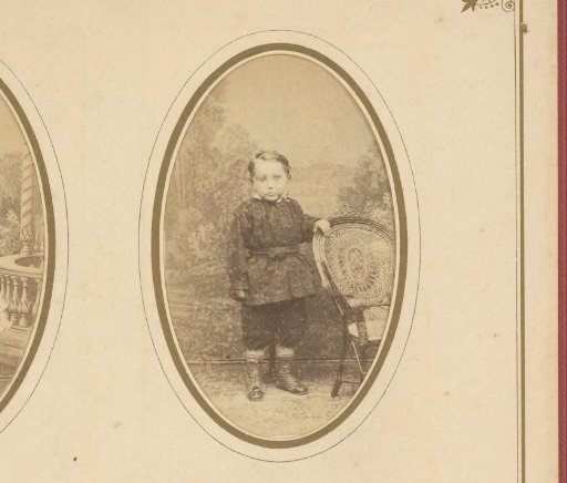 Portrait of a boy, standing by a chair, identified as Derk van der Wal