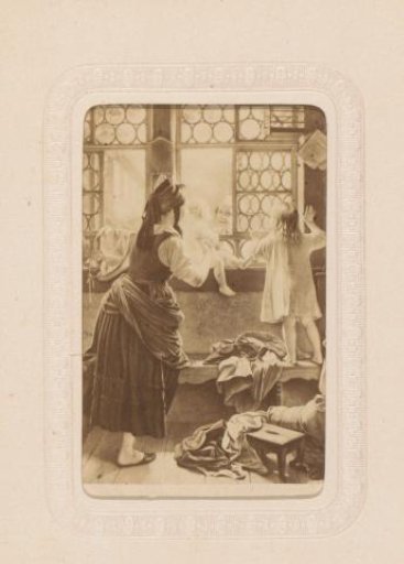 Photographic reproduction of a painting with a mother and two children by the window