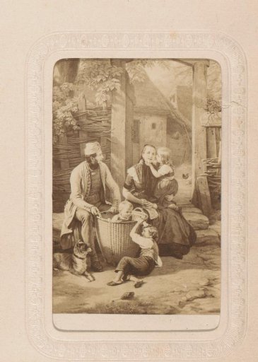 Photographic reproduction of a painting with a family on a farm
