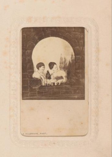 Photographic reproduction of a design with two women in a window, depicting a skull