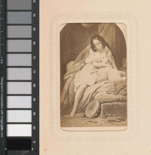 Photographic reproduction of a painting with a woman seated on a bed with a goat