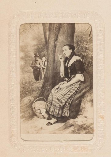 Photographic reproduction of a painting with a seated woman in the foreground and a walking couple in the background