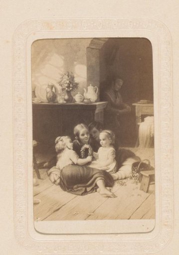 Photographic reproduction of a painting with four playing children indoors