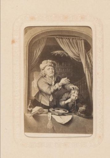 Photographic reproduction of a painting of a dentist with a pulled tooth of a young man