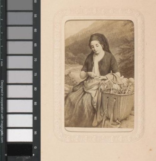 Photographic reproduction of a painting of a seated woman with a basket full of items