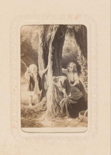Photographic reproduction of a painting with three playing children in the woods