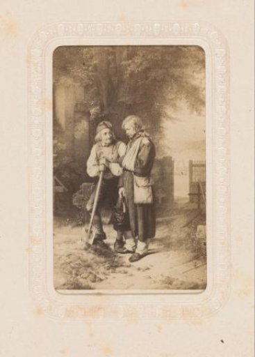 Photographic reproduction of a painting with two men, one with a bandage on his arm