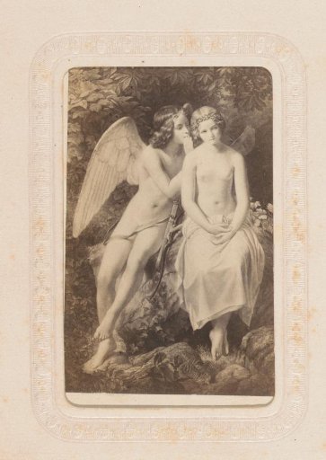 Photographic reproduction of a painting with a half-naked woman and an angel whispering in her ear