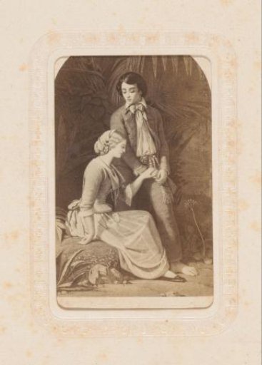 Photographic reproduction of a painting with a man next to a seated woman