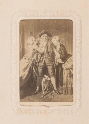 Photographic reproduction of a painting with a man, two women, and a dog