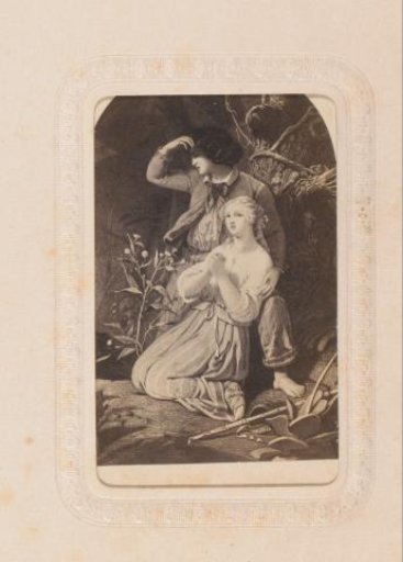 Photographic reproduction of a painting with a young man and a praying woman on her knees