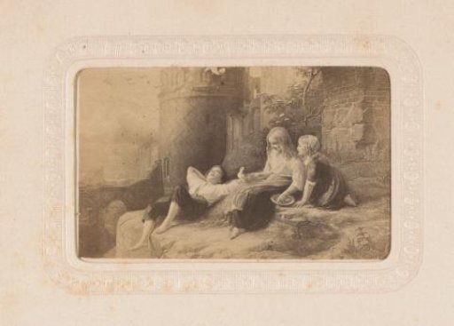 Photographic reproduction of a painting with three children, outside with a dove