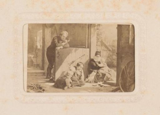 Photographic reproduction of a painting of a family playing with two kittens