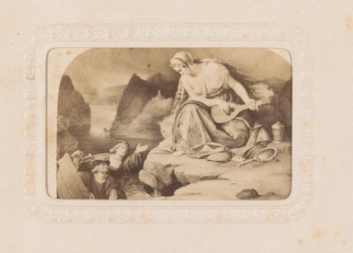 Photographic reproduction of a painting with a nymph on the Loreley who enchants sailors with her song