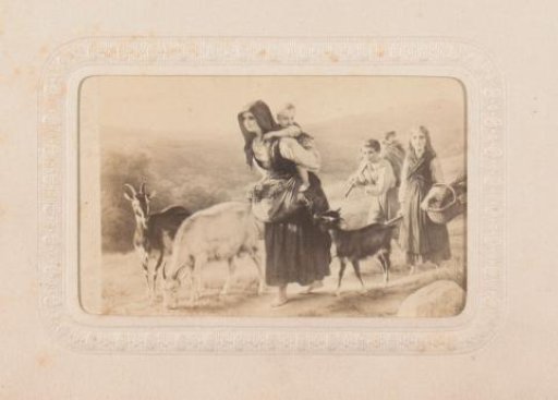 Photographic reproduction of a painting of a traveling family with three goats