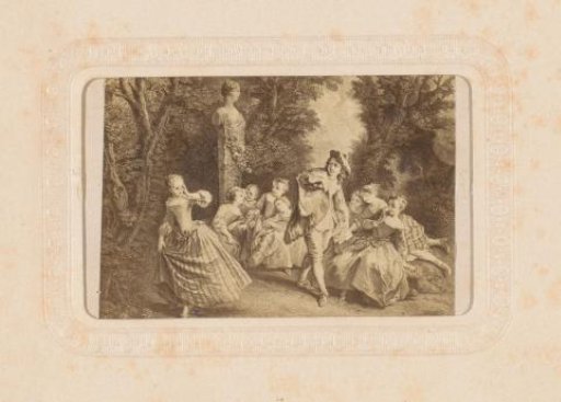 Photographic reproduction of a print of a young man with eight girls in a garden