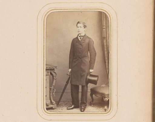 Portrait of a Standing Young Man Holding a Tall Hat in One Hand and an Umbrella and Gloves in the Other