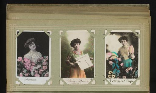 Two portraits of women with flowers and a portrait of a woman with a large envelope