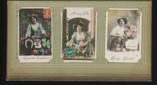 Three portraits of women with flowers