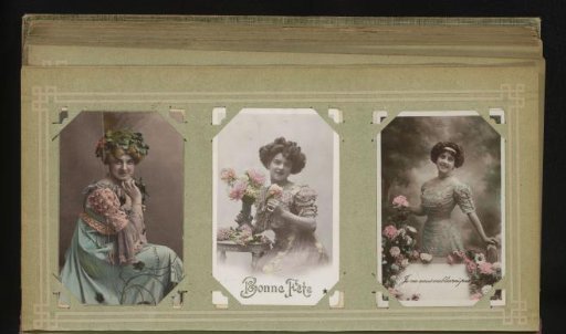 Three portraits of women with flowers