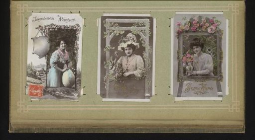 Three portraits of women with flowers