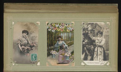 Three portraits of women with flowers, one with flowers featuring children's heads