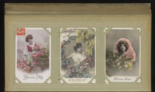 Three portraits of women with flowers
