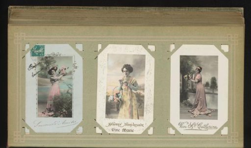 Three portraits of women with flowers