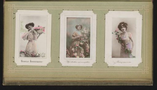 Three portraits of women with flowers