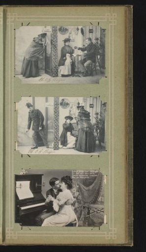 Two scenes from a play with a man and a woman in Café L'Amour and a kissing couple at a piano