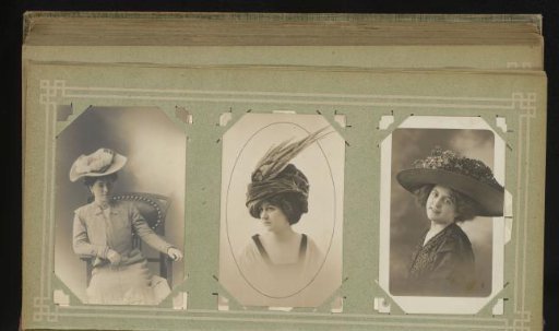 Three portraits of women with hats