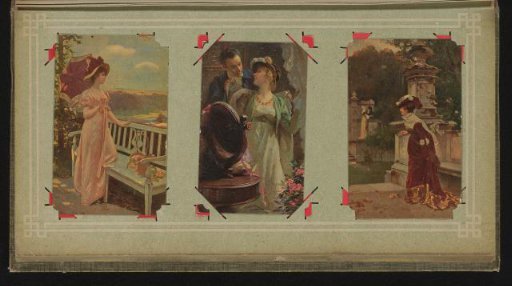 Three portraits of women, one with a man