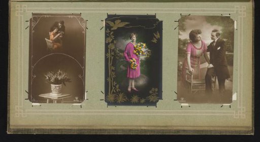 Portrait of a man and a woman with a potted plant, portrait of a woman holding a bouquet of flowers, and a portrait of a couple in love
