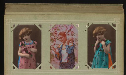 Three portraits of girls, one with a white dove on her shoulder
