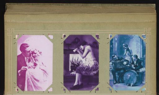 Portrait of a couple in love, portrait of a young woman before a fireplace, and a portrait of three musical persons
