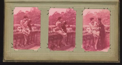 Three portraits of a couple in love by a balustrade