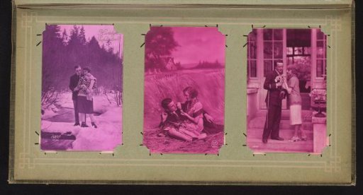 Three portraits of a couple in love, in the snow, in a field and in front of a building