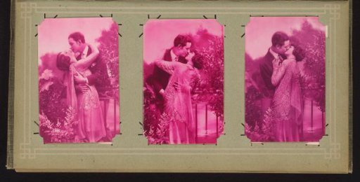 Three portraits of a kissing couple
