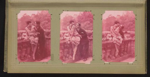 Three portraits of a couple in love by a balustrade