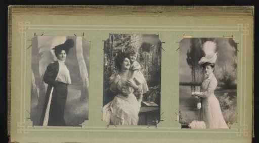 Three portraits of women, one with a child