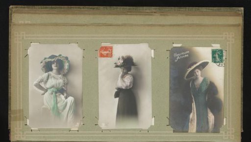 Three portraits of women with hats