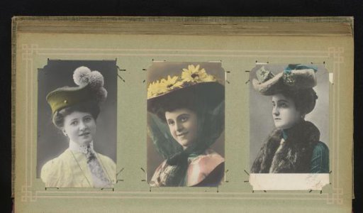 Three portraits of women with hats